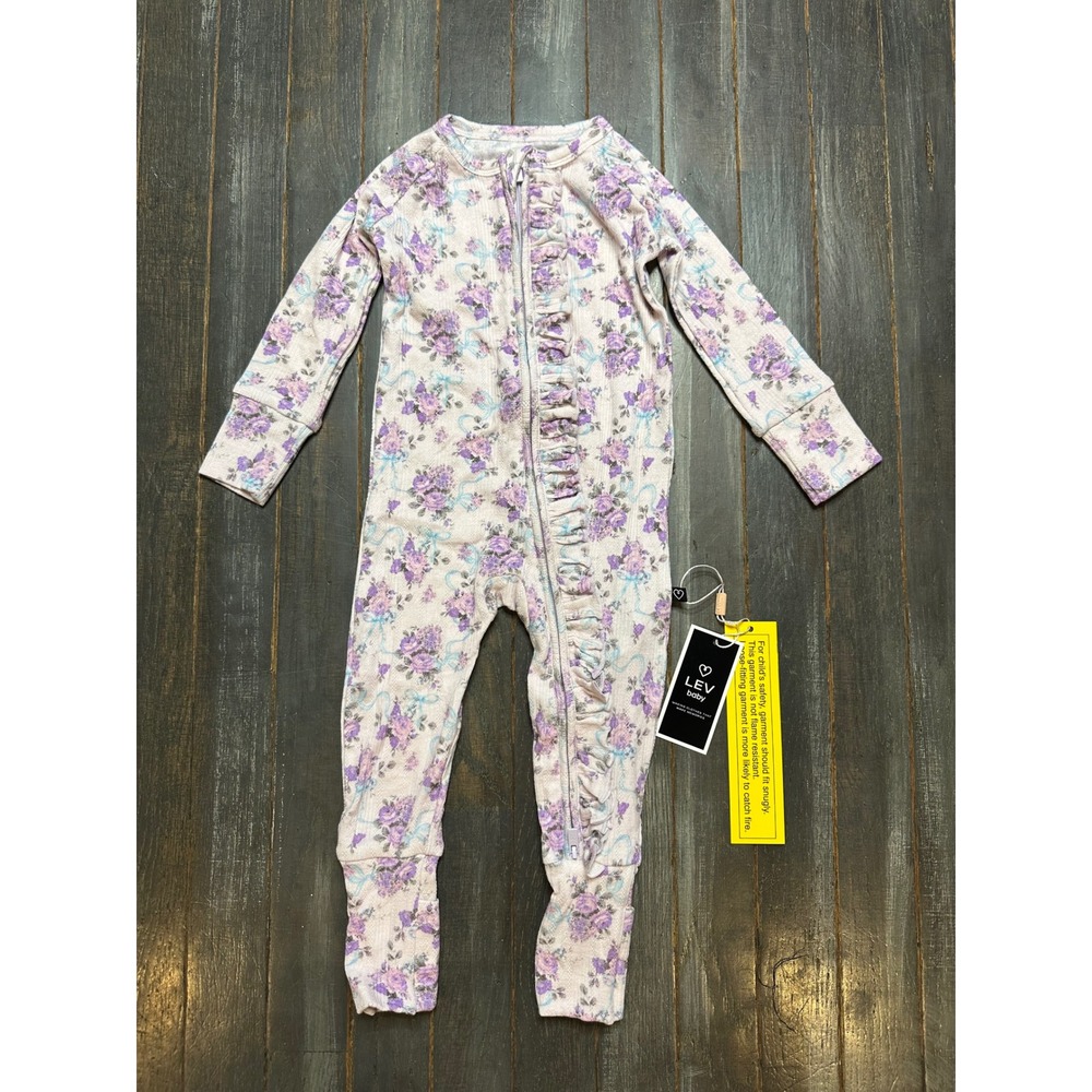 LEV Baby Purple Floral Ruffle Bamboo Sleeper Zippy Romper